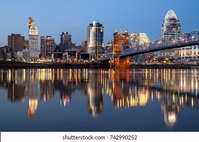 Evening city view of Cincinnati over Ohio River.