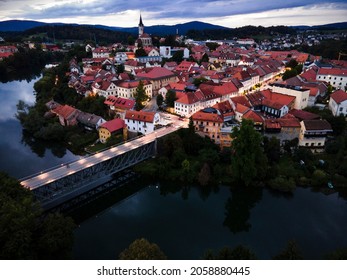 Evening Cityscape of Novo Mesto in Lover Carniola Region in Slovenia at River Krka Bend. Drone View. - Shutterstock ID 2058880445