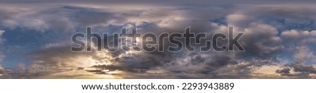 evening dark blue overcast sky hdri 360 panorama with beautiful clouds in seamless projection with zenith for use in 3d graphics or game development as skydome or edit drone shot for sky replacement