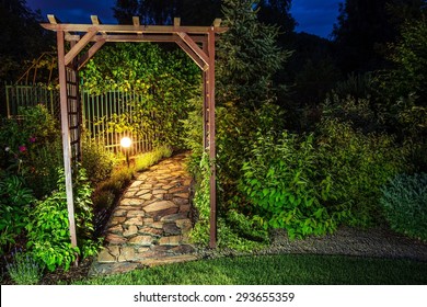 Evening in the Garden. Garden Illumination at Night. 