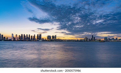 Evening Glow In Wuhan, Magnificent View From The Bund In Wuchang District