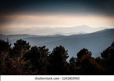 Evening Haze Over The Mountain At Cévennes National Park, France.