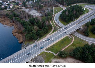 Evening highway traffic. Aerial shot, top down view