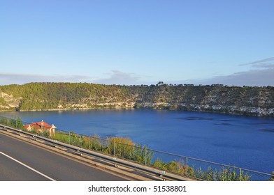 Evening landscape with highway on "Blue Lake" at Mt Gambier, Australia