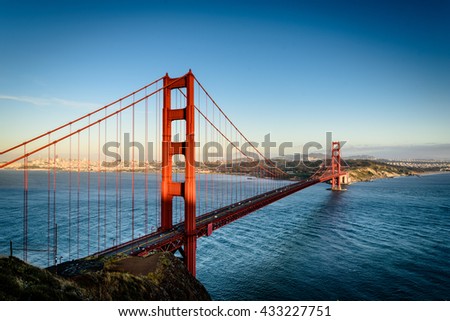 Evening light hitting Golden Gate Bridge in San Francisco.