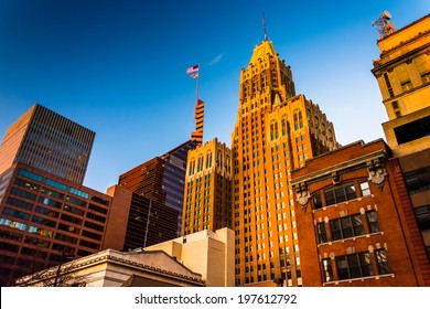 Evening light on a cluster of buildings in downtown Baltimore, Maryland.