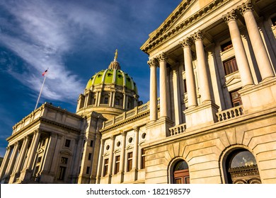 Evening Light On The Pennsylvania State Capitol In Harrisburg, Pennsylvania.