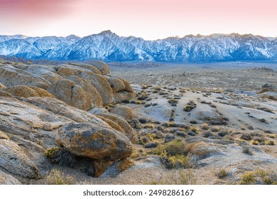 Evening Light on The Snow Capped Sierra Nevada Mountains Across Owens Valley and The Alabama Hills, Alabama Hills National Scenic Area, California, USA