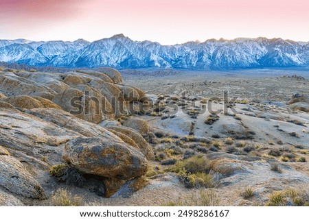 Evening Light on The Snow Capped Sierra Nevada Mountains Across Owens Valley and The Alabama Hills, Alabama Hills National Scenic Area, California, USA