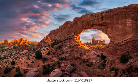 Evening light over North Window with Turret Arch in the distance, Arches National Park Utah