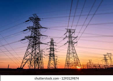 In the evening, the outline of the transmission tower 