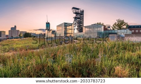 Evening panorama of the city of Katowice, sunset seen from the premises of the Silesian Museum, in the foreground a flower meadow and buildings of the former mine