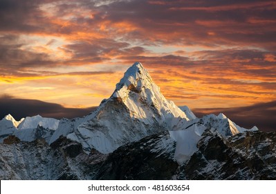Evening panoramic view of mount Ama Dablam with beautiful sky on the way to Everest base camp, Khumbu valley, Sagarmatha national park, Everest area, Nepal - Shutterstock ID 481603654