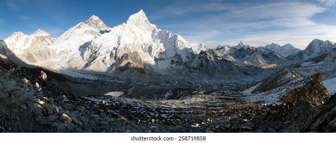 evening panoramic view of Mount Everest with beautiful sky and Khumbu Glacier - way to Everest basecamp - Nepal 