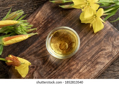 Evening Primrose Oil In A Bowl, Top View, With Copy Space