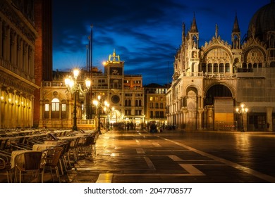 Evening San Marco Piazza square, Venice, Italy. Famous Venice sightseeing. Gold and blue hour.