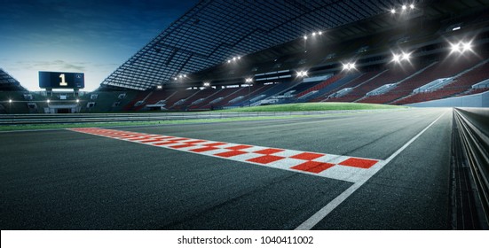 Evening scene asphalt international race track with starting or end line, digital imaging recomposition background.