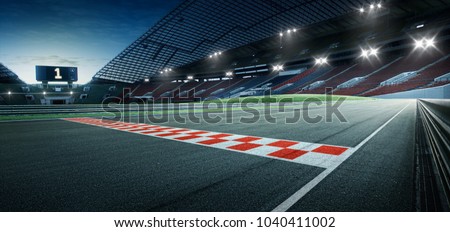 Evening scene asphalt international race track with starting or end line, digital imaging recomposition background.