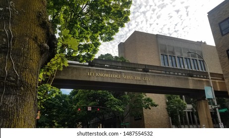 Evening shot of student walkway boldly displaying message in gold letters. Portland State University, Portland, Oregon, USA - 14 AUG 2019