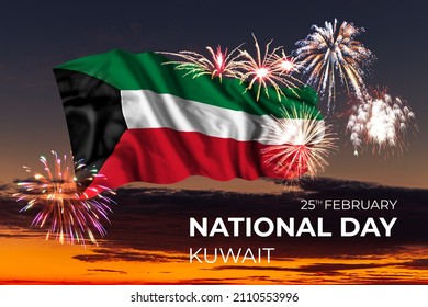 Evening sky with majestic fireworks and flag of Kuwait on National holiday - Shutterstock ID 2110553996