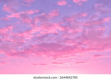 Evening sky with pink dramatic clouds. Dramatic Sunset, Sky clouds in the evening with pink, purple sunlight in Golden hour and dramatic fluffy, horizon setting sun Summer sky landscape. Nature bg 