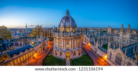 Evening skyline panorama of Oxford city in England