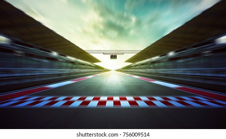 Evening Speedy Motion Blur International Race Track With Starting Finishing Line And Light .