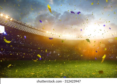 Evening Stadium Arena Soccer Field Championship Win! Confetti And Tinsel . Yellow Toning
