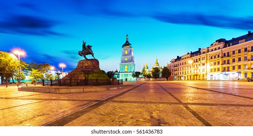 Evening summer scenery of Sofia Square with Bohdan Khmelnytsky statue monument and ancient Sofia Orthodox Cathedral Church in the Old Town of Kyiv, Ukraine