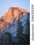 Evening sun on Half Dome from Yosemite Valley, Yosemite National Park, California. 