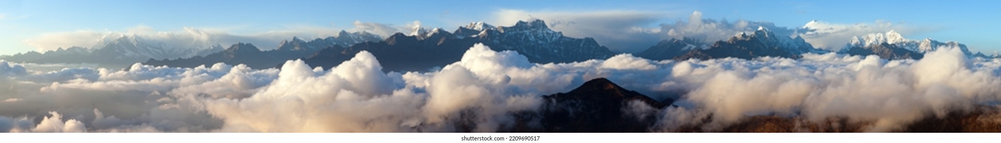 Evening sunsed panoramic view on great Himalayan range and top of mount Makalu from southern foothills, Nepal Himalayas mountains panorama