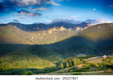 Evening and sunset on mountain hills of Simon village. Bran.  - Shutterstock ID 292377857
