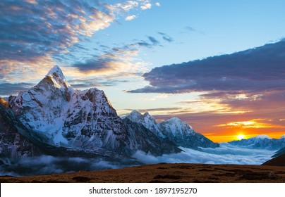 Evening sunset view of mount Ama Dablam on the way to Everest Base Camp - Nepal Himalayas mountains