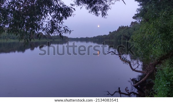 In\
the evening twilight, the full moon rose over the river. There is a\
forest growing along the banks of the river. The moon and trees are\
reflected in the water of the river. An old snag\
lies