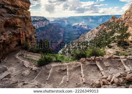 An evening view across Grand Canyon on South Kaibab Trail in Arizona desert of USA