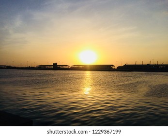 evening view with beautiful clouds , ocean sunset view with boat