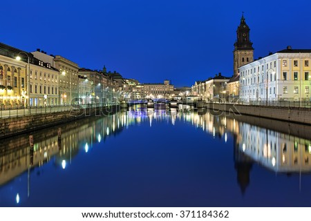 Evening view of the Big Harbor Canal and German Church (also called Christinae Church) in Gothenburg, Sweden