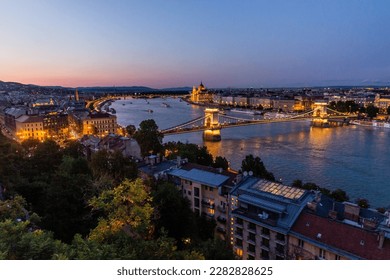 Evening view of Danube river with Szechenyi Lanchid bridge in Budapest, Hungary - Shutterstock ID 2282828625