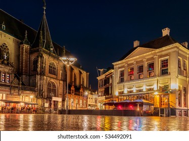 Evening view of the Dutch central square in the city of Zwolle in december
