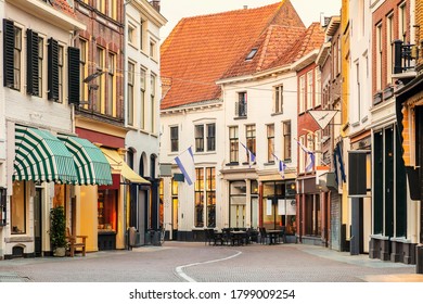 Evening View Of An Empty Shopping Street In The Ancient Dutch City Of Zutphen