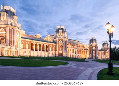 Evening view of the Ensemble of the Tsaritsyno Estate, the Grand Palace. Moscow, Russia