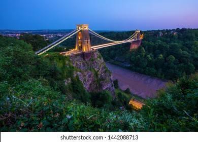 An evening view of the iconic Clifton Suspension Bridge in Bristol, England. 
