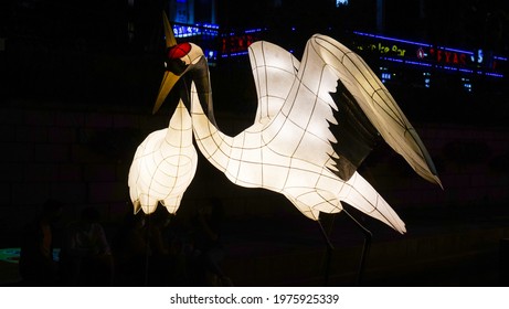 The evening view of the lantern event held at Cheonggyecheon Stream in Seoul and the lantern shaped like a crane.     