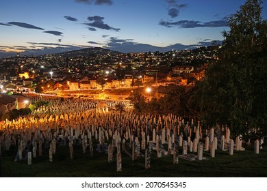 Evening view of Kovači, the main cemetery for soldiers who were killed during the Bosnian War.The majority of the buried were killed during the four year Siege of Sarajevo (1992-96).