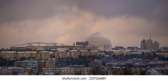 Evening View Over The District Hammarby With The Globe Avicii Arena A Snowy Winter Day In Stockholm, Sweden 2022-01-15