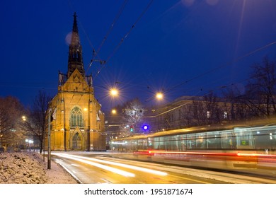 evening view of the red church in Brno