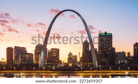 Evening view of the St Louis Skyline with The Gateway Arch at Missouri