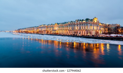 Evening View Of The  The State Hermitage Museum In St. Petersburg