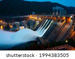 evening view of water discharge at hydroelectric power station, Krasnoyarsk hydroelectric power station, Russia