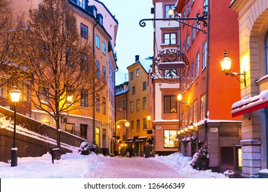 Evening winter scenery of street in Old Town (Gamla Stan) in Stockholm, Sweden
